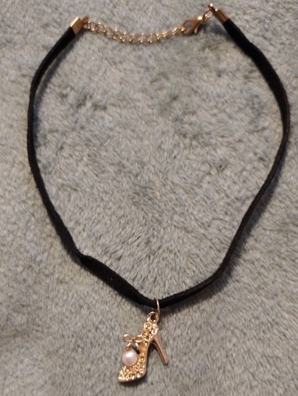 Black Velvet Choker Necklace with Gold High-Heel Charm and Pearl Accent